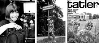 Left to right: Margaret Drabble in 1964; the Warwick Students’ Handbook cover image from 1966; the Jay twins in ‘Tatler’, 1964.