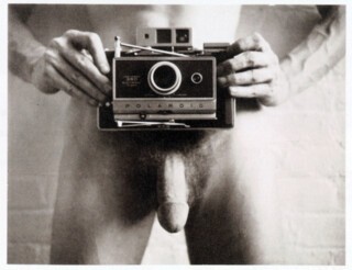 Self-portrait for the ‘Don’t Touch Here’ exhibition announcement by Robert Mapplethorpe (1973)