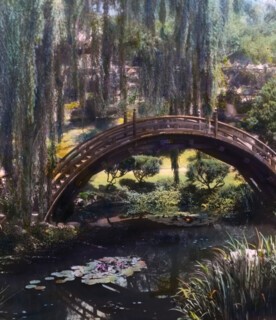 A hand-coloured glass slide of the Huntingdon Japanese garden from 1923.