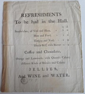 Handbill for refreshments at the trial of Warren Hastings, 1788 (Sarah Sophia Banks Collection, British Museum).
