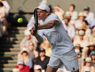 Jannik Sinner in the Wimbledon final against Carlos Alcaraz, 13 July 2025 (Daisuke Urakami/AP)