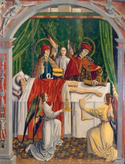Saints Cosmas and Damian performing the miracle of the leg, from a Spanish painting c.1495.