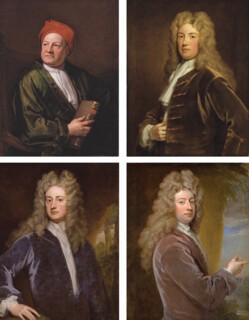 Godfrey Kneller’s Kit Cat Club portraits, clockwise from top left: Jacob Tonson (1717); Robert Walpole (c.1712); William Congreve (1709); Joseph Addison (c.1710).