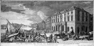 The port of Marseille during the plague of 1720. Etching by Jacques Rigaud after Michel Serre.