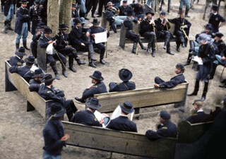 ‘General Grant’s Council of War’ (1864) by Timothy O’Sullivan, colourised by Marina Amaral