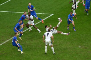 Jude Bellingham scoring for England against Slovakia, 30 June 2024. Photo © Shaun Botterill / Getty Images