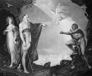 Peter Simon’s engraving of Fuseli’s ‘The Enchanted Island Before the Cell of Prospero’ for Boydell’s Shakespeare Gallery (1797).