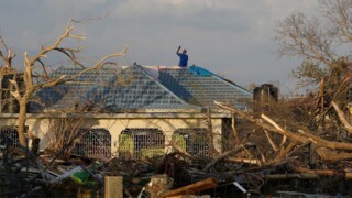 A man searches for a mobile phone signal from the roof of a house damaged by Hurricane Melissa, Black River, Jamaica, 30 October 2025 (AP / Matias Delacroix / Alamy)