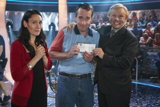 Sian Clifford as Diana Ingram, Matthew Macfadyen as Charles Ingram and Michael Sheen as Chris Tarrant in ‘Quiz’