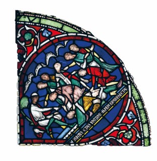 Detail from a 13th-century Miracle window at Canterbury Cathedral depicting the castration of the peasant Eilward.