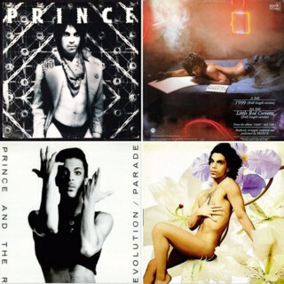 Clockwise from top left: images from the sleeves of ‘Dirty Mind’, ‘1999’, ‘Lovesexy’ and ‘Parade’