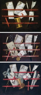 Three of Edward Collier’s letter rack paintings, made between the late 1690s and 1702.