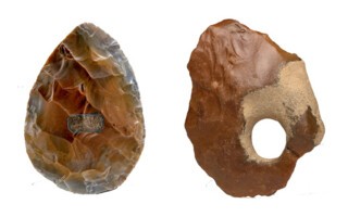From left to right, twisted ovate handaxe, Grindle Pit, England, c.300,000 BCE; French flint handaxe c.500,000-300,000 BCE.