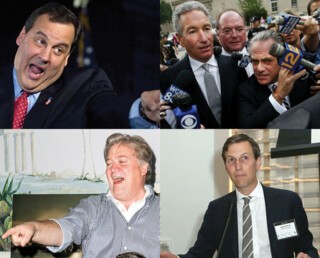 Clockwise from top left: Chris Christie, Charles Kushner, Jared Kushner, Steve Bannon.