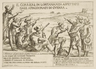 'Il corriere in lontananza aspettato dagli appassionati di guerra' Etching by Giuseppe Maria Mitelli (c.1692)