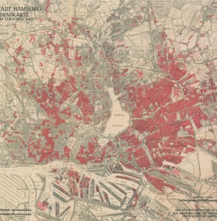 Bomb damage to Hamburg as of 1 October 1944: the heavy shading means more than 70 per cent damaged, the lighter shading 50 to 70 per cent damaged.