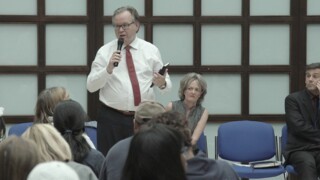 Barry Quirk and Elizabeth Campbell at a public meeting in August 2017.