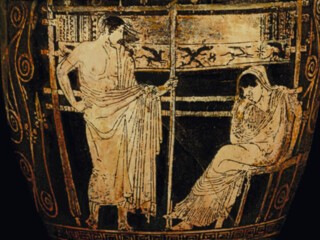 Penelope at her loom, from a Greek pot (c.440 BC).