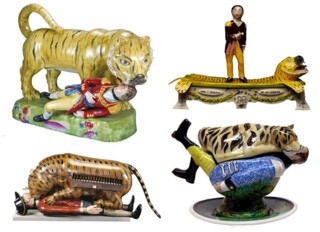 Clockwise from top left: 19th-century Staffordshire pearlware (photograph © Myrna Schkolne); Karen Thompson’s ‘Death of a Species’ (2013); Michell and Napiorkowska’s ‘Sauce Boat Inspired by Tipu’s Tiger’ (1976); the V&A’s mechanical organ.