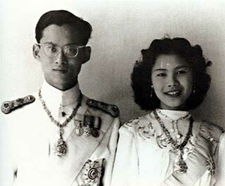 King Bhumibol and Queen Sirikit on their wedding day, 28 April 1950