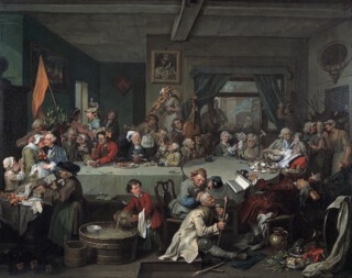 ‘An Election Entertainment’ by William Hogarth, the first of the four paintings that make up ‘The Humours of an Election’ (1755), held by the Soane Museum.