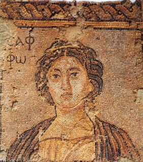 A mosaic fragment with Sappho’s name on it, from Sparta (3-4 CE).