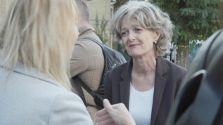 Elizabeth Campbell talking to a member of the public in September 2017.
