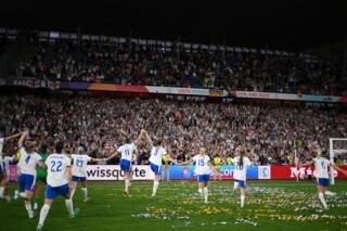 England celebrate their victory over Spain in the Euro 2025 final in Basel, Switzerland (Harriet Lander / FA / Getty)