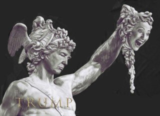 Hillary Clinton portrayed as Medusa, with Trump as Perseus.
