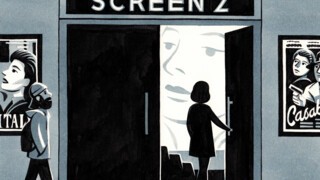 Illustration of a woman walking into a cinema by Jon McNaught.