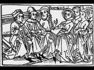 Hortensia speaking to the triumvirs, from a 15th-century woodcut.