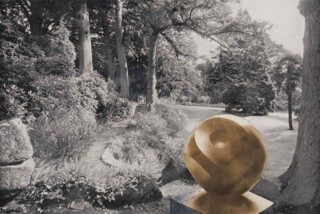 Photomontage of 'Helicoids in Sphere' (1938) in the garden of Redleaf, Penhurst (1939)