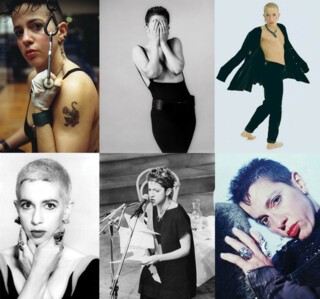 Top row: Kathy Acker at the gym in 1984; photographed by Robert Mapplethorpe in 1983; by Del LaGrace Volcano in 1997. Bottom Row: photographed by Michel Delsol in 1990; performing in 1985; posing for the cover of ‘Hannibal Lecter, My Father’ in 1991