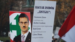 Márton Gyöngyösi depicted with a Hitler moustache at a protest against his demand for a list of Jewish MPs.